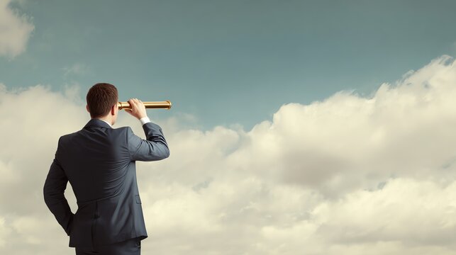 Businessman looking through telescope at clouds.