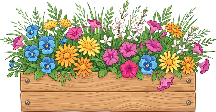 Wooden Window Box Planter with Colorful Blooming Spring Flowers Including Petunias Pansies and Daisies Vector Illustration Isolated on White Background