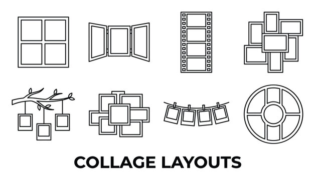 Collage layouts for photos including grids triptych film strips clustered tree and circular frames.