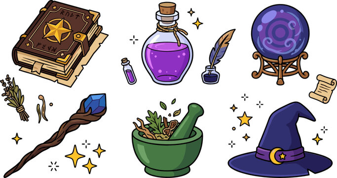 Magic and Witchcraft Vector Element Set Featuring Spellbook Potion Bottle Crystal Ball Mortar and Pestle Herbs Staff and Witch Hat Isolated on White