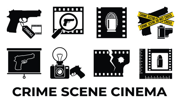 Crime scene cinema icons in silhouette showing guns, film, fingerprints, crime scene tape, camera and forensic evidence.