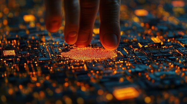 Macro shot of a fingertip pressing a glowing orange microchip amid shimmering circuit traces