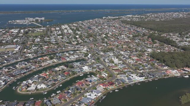 Suburbs Of Paradise Point And Ephraim Island In Queensland, Australia - Drone Shot