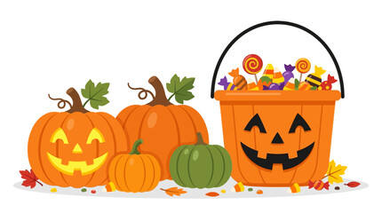 Halloween pumpkins and candy bucket with autumn leaves © Adam