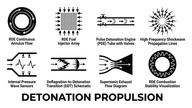 Detonation propulsion technology diagrams RDE annulus flow fuel injector engine tube sensors.