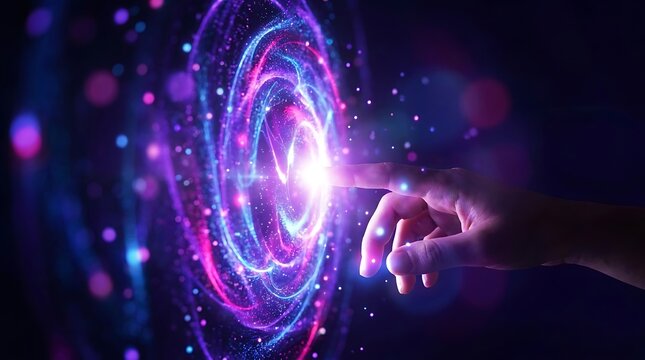 Finger touching glowing energy vortex portraying space and time with technology abstract dimension exploration mystical