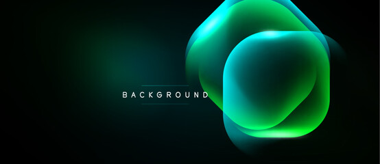 Naklejka premium Dark background features vibrant green abstract shapes. Overlapping forms create luminous effect, modern design element. Text reads BACKGROUND.