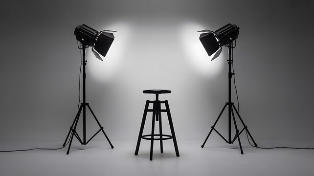 Professional photography studio lighting setup with stool and spotlights