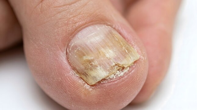 Onychomycosis fungal infection on human toenail with yellow discoloration and brittle texture Close up of damaged nail plate showing symptoms of nail fungus and dermatophytosis Medical