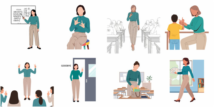 Set of illustrations of a teacher teaching sign language to students in various classroom scenes, inclusive education and deaf communication concept