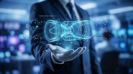 Fototapeta premium Engineer Presenting Holographic Blueprint of Advanced Jet Engine Turbine with Futuristic CAD Interface and Data Visualization