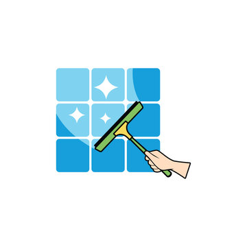 cleaning solar panel vector logo icon. hand holding squeegee cleansing solar panel vector illustration.