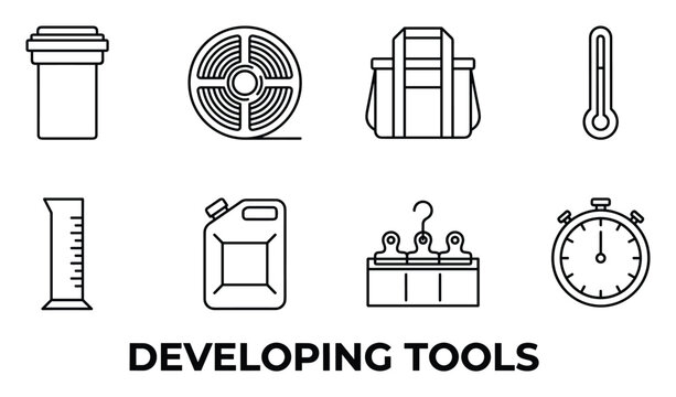 Line art developing tools for film photography light meter film reel measuring cylinder.