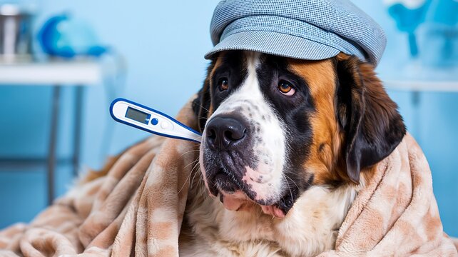 Sick saint bernard dog with thermometer receiving veterinary care indoors