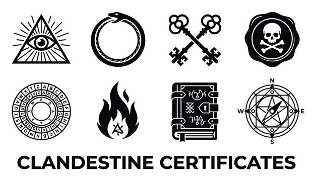 Set of clandestine certificates symbols such as eye in triangle ouroboros keys skull book compass.