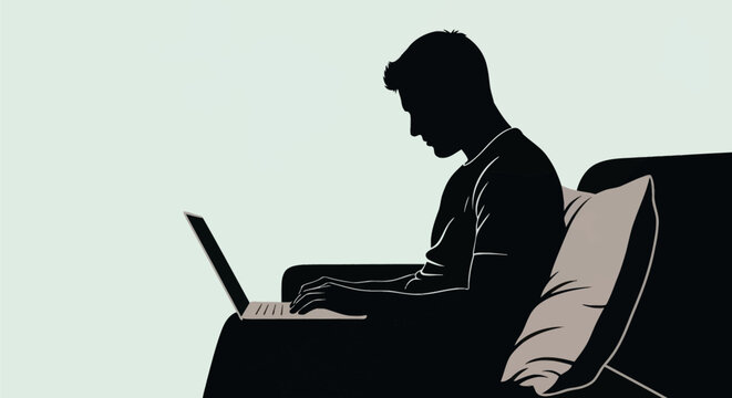 Profile silhouette of a man sitting on a sofa and typing on a laptop computer, male figure working from home, studying, or browsing the internet in a minimalist vector illustration