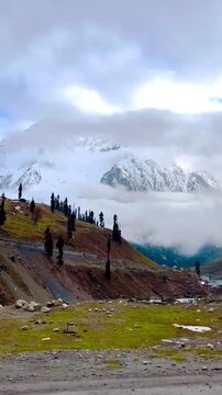 Scenic mountain landscape at Fairy Meadows in Gilgit Baltistan Pakistan featuring snow covered Nanga Parbat peaks, drifting clouds, alpine hills and pine trees