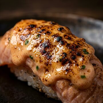 Close-up of seared salmon nigiri sushi topped with creamy torched mentaiko sauce