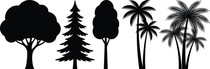 Black silhouettes of trees and palm trees against white background monochrome d © MDMOHIN