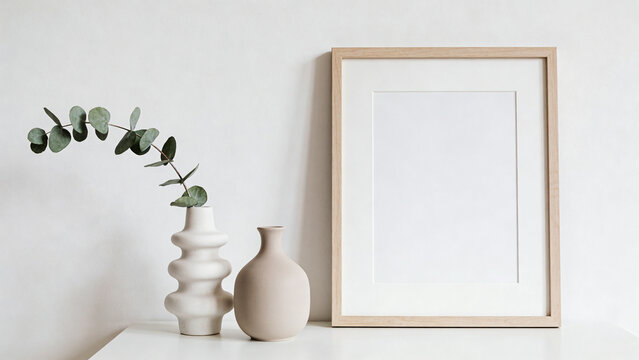  features a minimalist interior design style with a focus on simplicity and elegance. The layout includes a light wooden frame with a blank white canvas, positioned centrally against a plain white wal