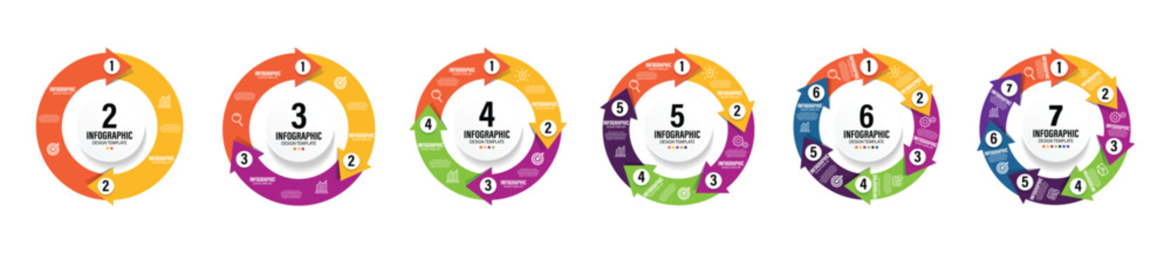 Circle arrows modern infographic set. Business infographics. Circular arrows with 7 steps, options. Vector pie charts. Vector template with 2-7 options for diagram, Process chart, cycle diagram.