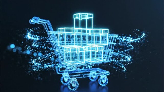 Glowing blue digital shopping cart, abstract packages, light trails, symbolizing seamless online commerce, efficiency, and future retail technology