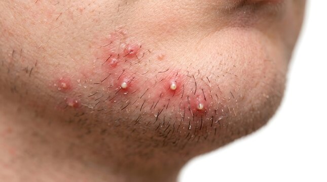 Inflamed acne breakout on male chin with painful red pimples and whiteheads  severe cystic acne skin condition on man face with stubble dermatological skin problem showing irritation and