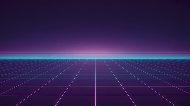 A futuristic grid scene with neon lines and a purple background