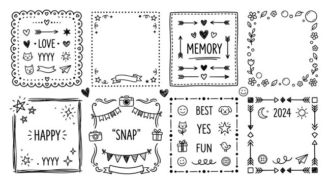 Doodle frames collection with hearts, stars, and decorative elements