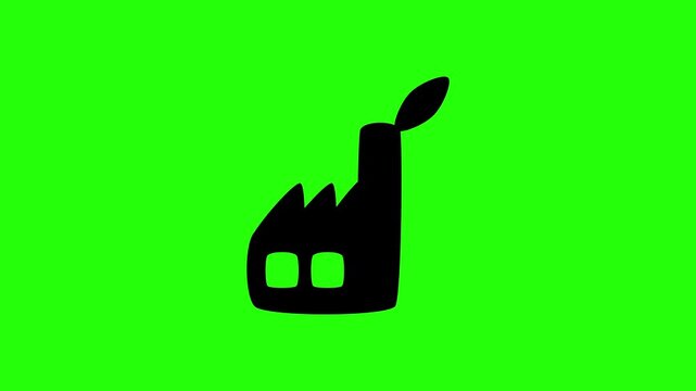High definition 4K horizontal clip of an industrial manufacturing factory plant with a clean green leaf chimney bouncing. Dynamic popup element for sustainable green manufacturing corporate strategy.