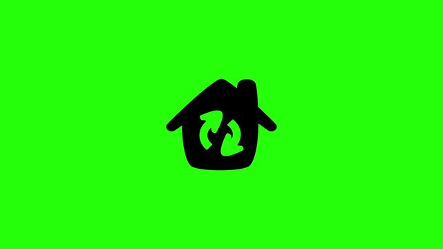 4K horizontal layout featuring a residential suburban house outline with double circulation arrows inside bouncing cleanly. Elegant tactical popup icon for real estate smart green home automation medi