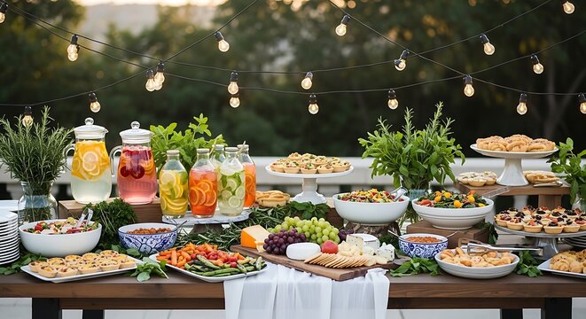 Outdoor buffet setup with various food and drinks under string lights