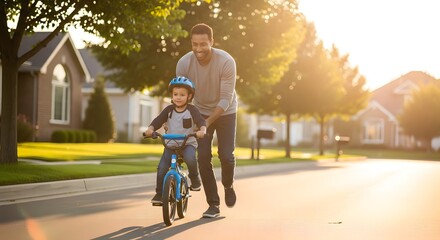 Obraz premium Father and Child Riding a Blue Bicycle on a Sunny Neighborhood Street with Warm Bokeh Lights for a Happy Day
