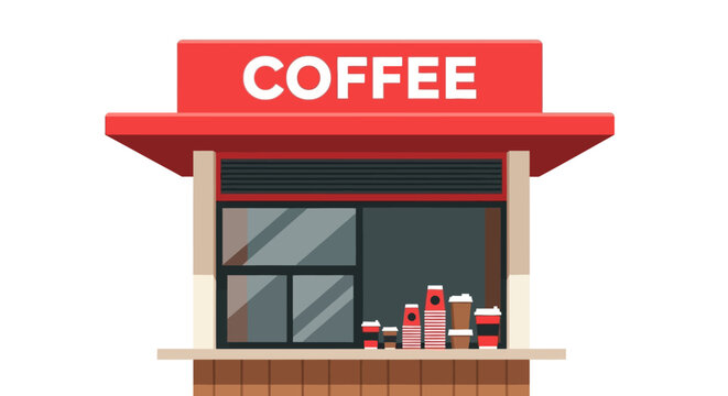 Illustrated coffee shop kiosk, red awning design, takeaway drinks