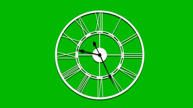 Roman numeral clock with fast spinning hands on green screen background, time lapse concept, 3d illustration.