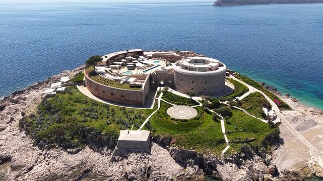 Aerial View of Mamula Island, Montenegro, Old Medieval Fortress Converted to Luxury Resort, Drone Shot