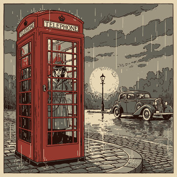 Vintage red telephone booth closeup.
