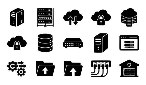 A professional icon set representing data center, cloud computing, and network hosting concepts. Includes mainframe server towers, rack server units, cloud storage transfer with sync arrows, secure cl