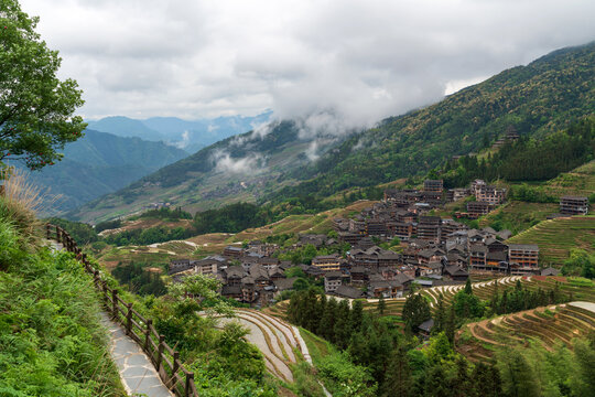 Rice Terraces and Ping'an Village from the Nine Dragons and Five Tigers Viewing Point at the Longji Rice Terraces Scenic Area, Longsheng County, Guilin, Guangxi Zhuang Autonomous Region, China