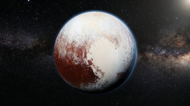 Pluto planet in deep space with reddish brown and white surface against starry background