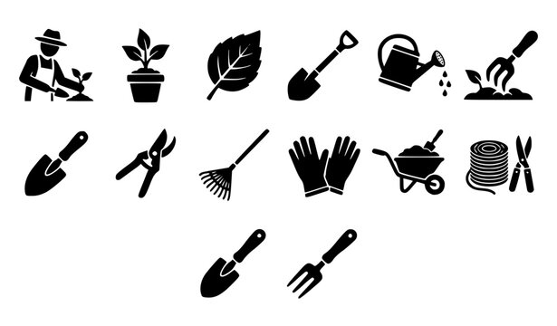 A modern solid icon set representing gardening, horticulture, and backyard farming concepts. Including a gardener planting a sapling, potted plant, textured tree leaf, classic digging shovel, watering