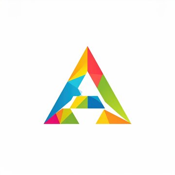 A colorful, geometric letter "A" constructed from many triangular shapes against a white backdrop