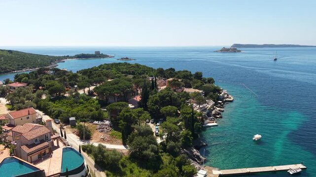 Herceg Novi, Montenegro. Establishing Drone Shot of Zanjice Beach and Mamula Island, Buildings and Adriatic Sea