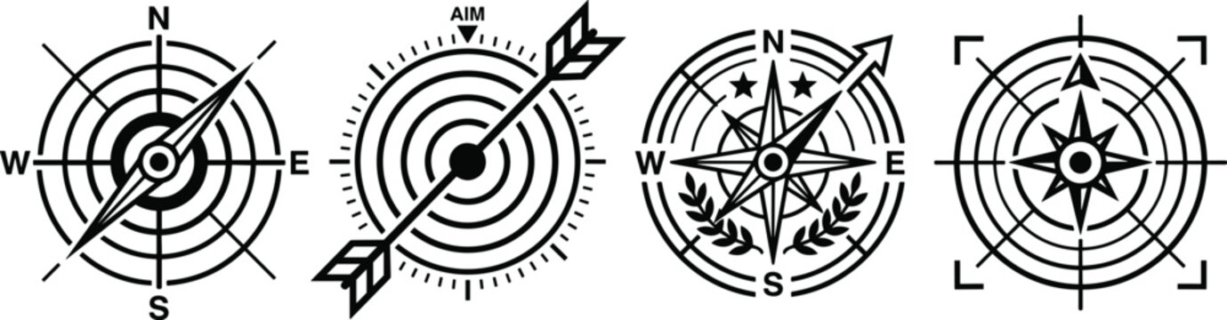 Nautical compass and target line icon set with arrow bullseye navigation rose laurel wreath and radar crosshair vector illustration