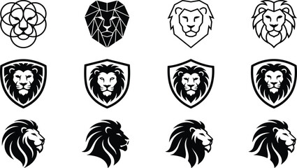 Fototapeta premium Black and White Lion Head Logo Set with Shield Geometric Side Profile and Line Art Style Designs