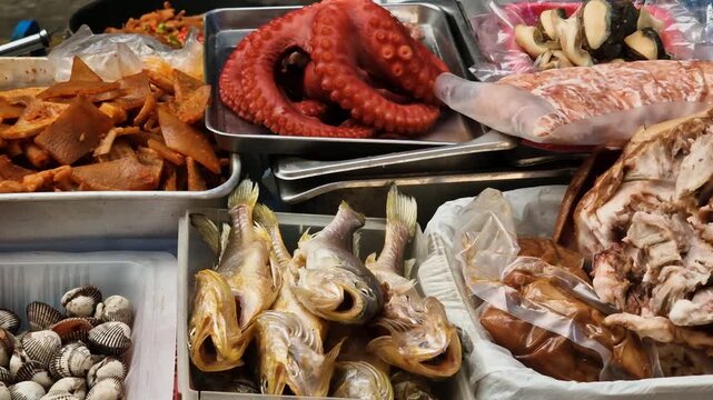 Fish and Other Seafood on Display at Street Market in South Korea