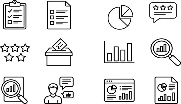 Survey and customer feedback line icon set with ballot box clipboard data analytics pie chart rating stars vector illustration