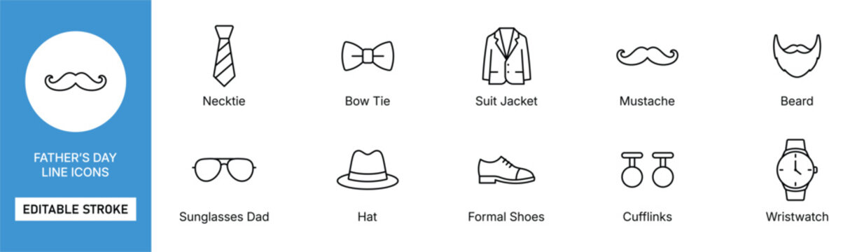 father's day icon line style mustache tie suit and accessories editable stroke vector set