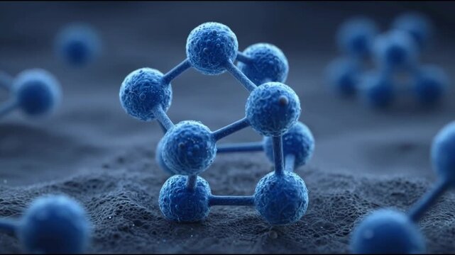 clean, scientific 3D render of transparent blue molecules in a tetrahedral arrangement, symbolizing chemistry, biotechnology, and medical innovation with a dark, futuristic aesthetic