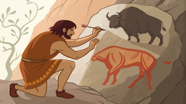 Ancient person drawing prehistoric animal art on cave wall with prehistoric painting primitive archaeology anthropology evolution ancestor heritage stoneage archeology tradition